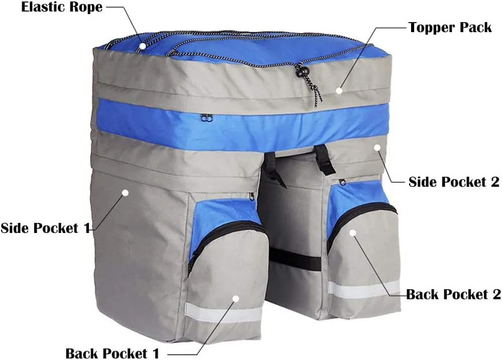 Bike Pannier Waterproof 60L Large Capacity Bike Bag Rear Rack Bicycle Pannier Bag Waterproof for Grocery Touring Cycling, with Rainproof Cover (Blue-Grey)