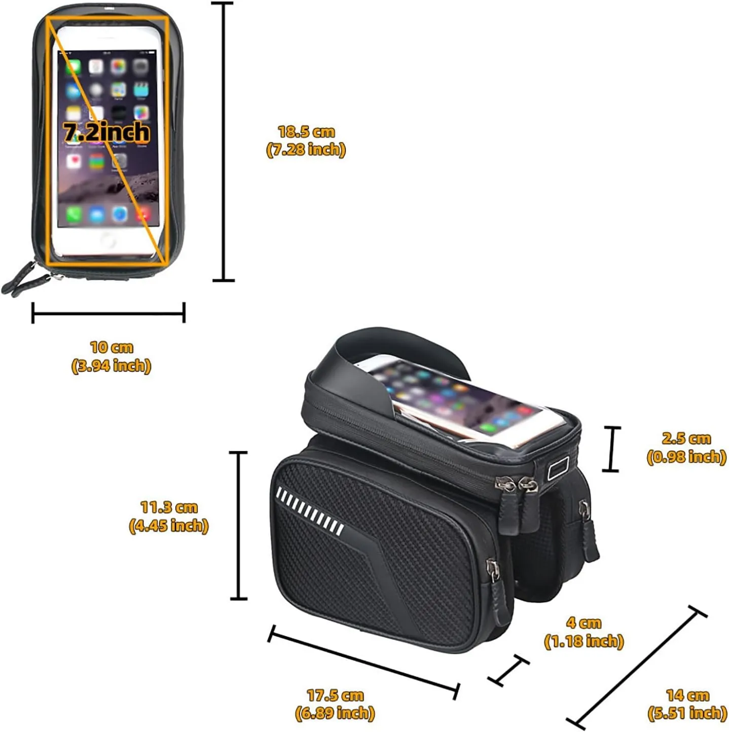 Bike Phone Front Frame Bag for Cannondale Trail 5, Bike Bag Phone Mount Bag with TPU Sensitive Touchscreen, Top Tube Bike Bag Cycling Tools Storage Bag,A Black