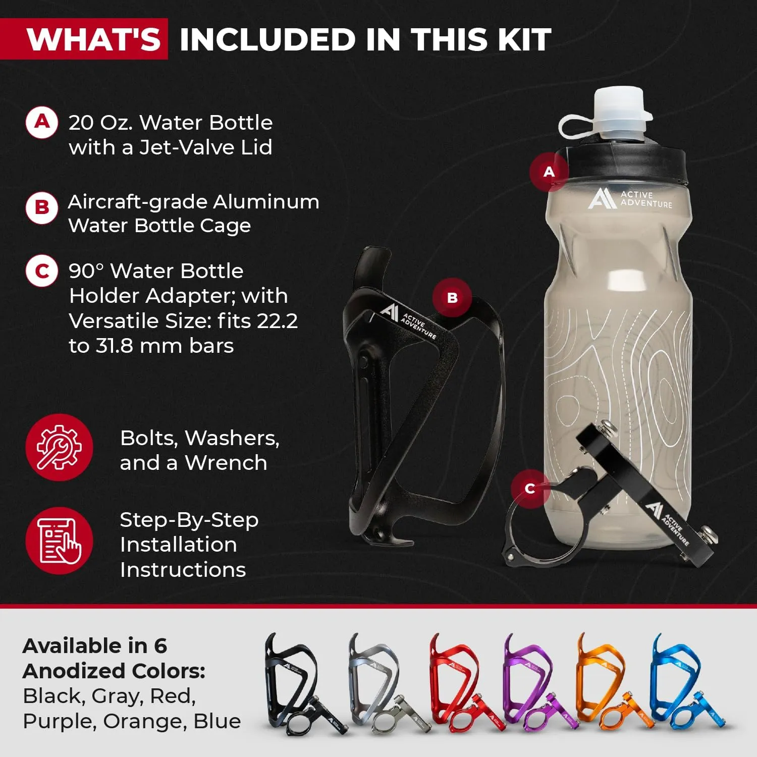 Bike Water Bottle Holder with Bottle Combo Mount Cage Rack No Screws Mountain Bicycle Accessories, for Sport Outdoor Cycling, MTB Road, Universal Cup Holder, Durable Alloy Kids, Adults (Black)