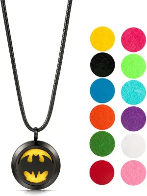Black Chrome Bat Essential Oil Diffuser Necklace, Stainless Steel Aromatherapy Locket, Black Nylon Rope, with 12 Color Pads, Customizable Color Changing Perfume Jewelry