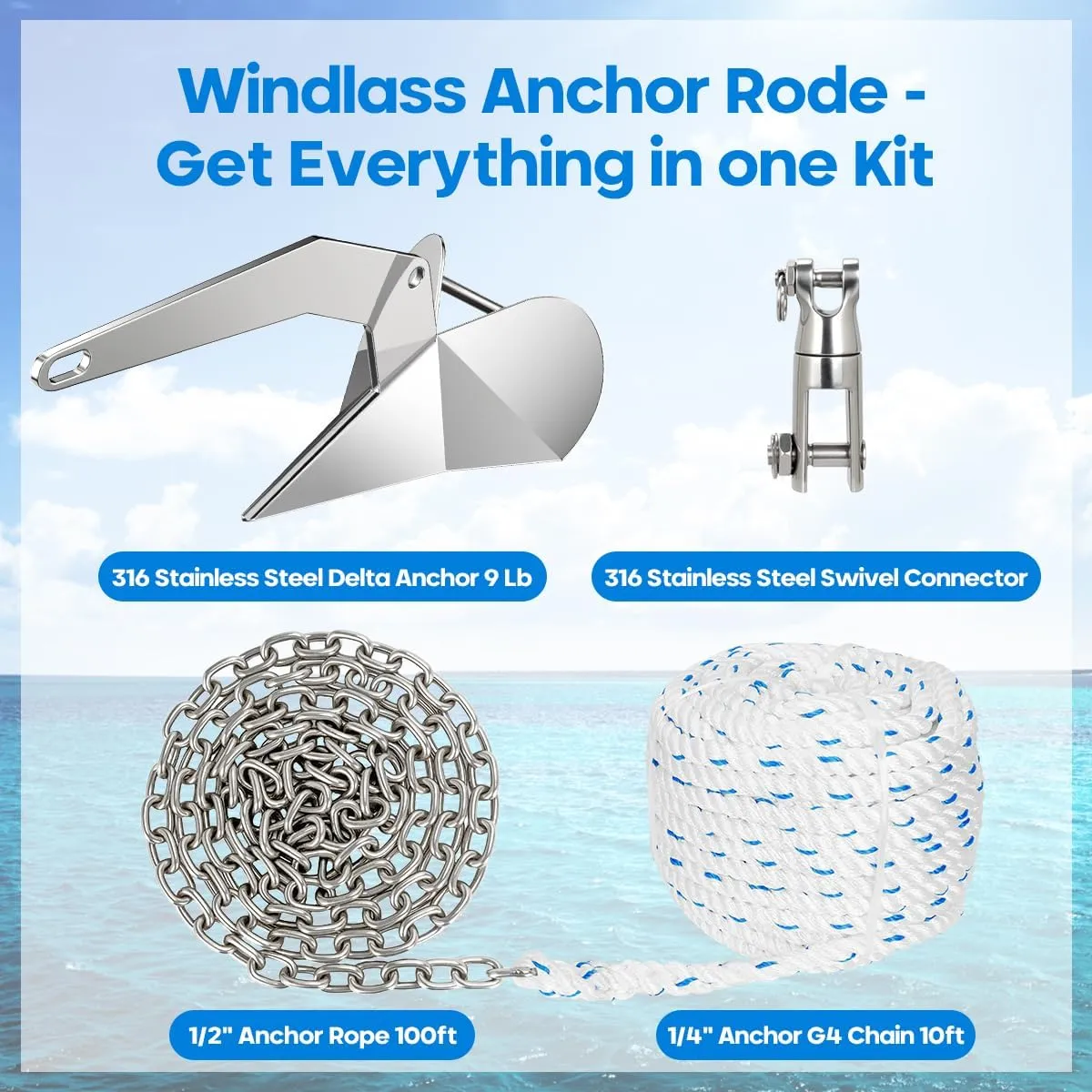 Boat Anchor Kit Set Stainless Steel Delta Anchor with Short-Link Chain & Rope & Swivel