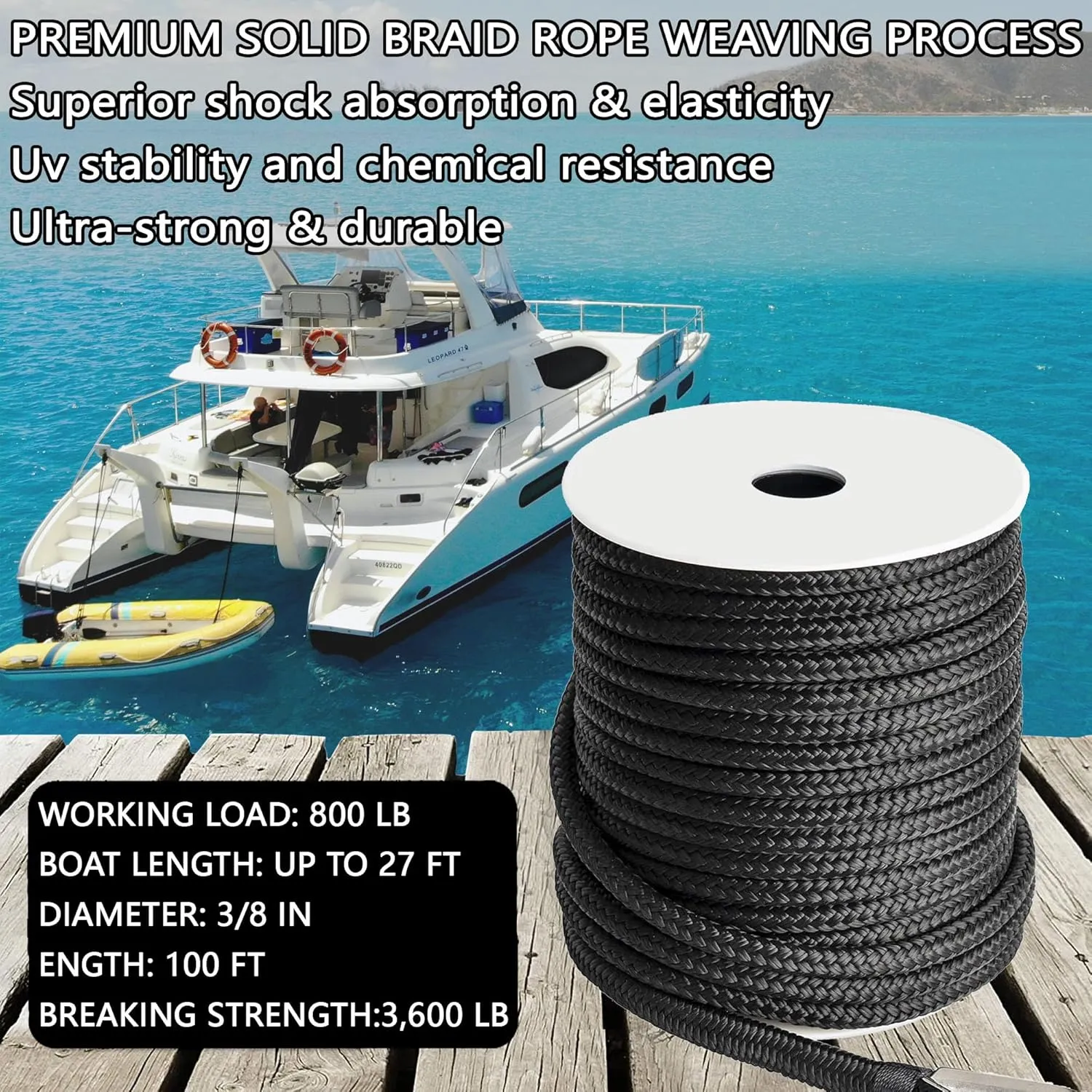 Boat Anchor Rope 3/8" x 100' Premium Solid Double Braided Nylon Anchor Line,with 1/4" x 4' Stainless Steel Anchor Chain,with Thimble & Shackle (Black)