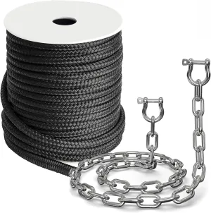 Boat Anchor Rope 3/8" x 100' Premium Solid Double Braided Nylon Anchor Line,with 1/4" x 4' Stainless Steel Anchor Chain,with Thimble & Shackle (Black)