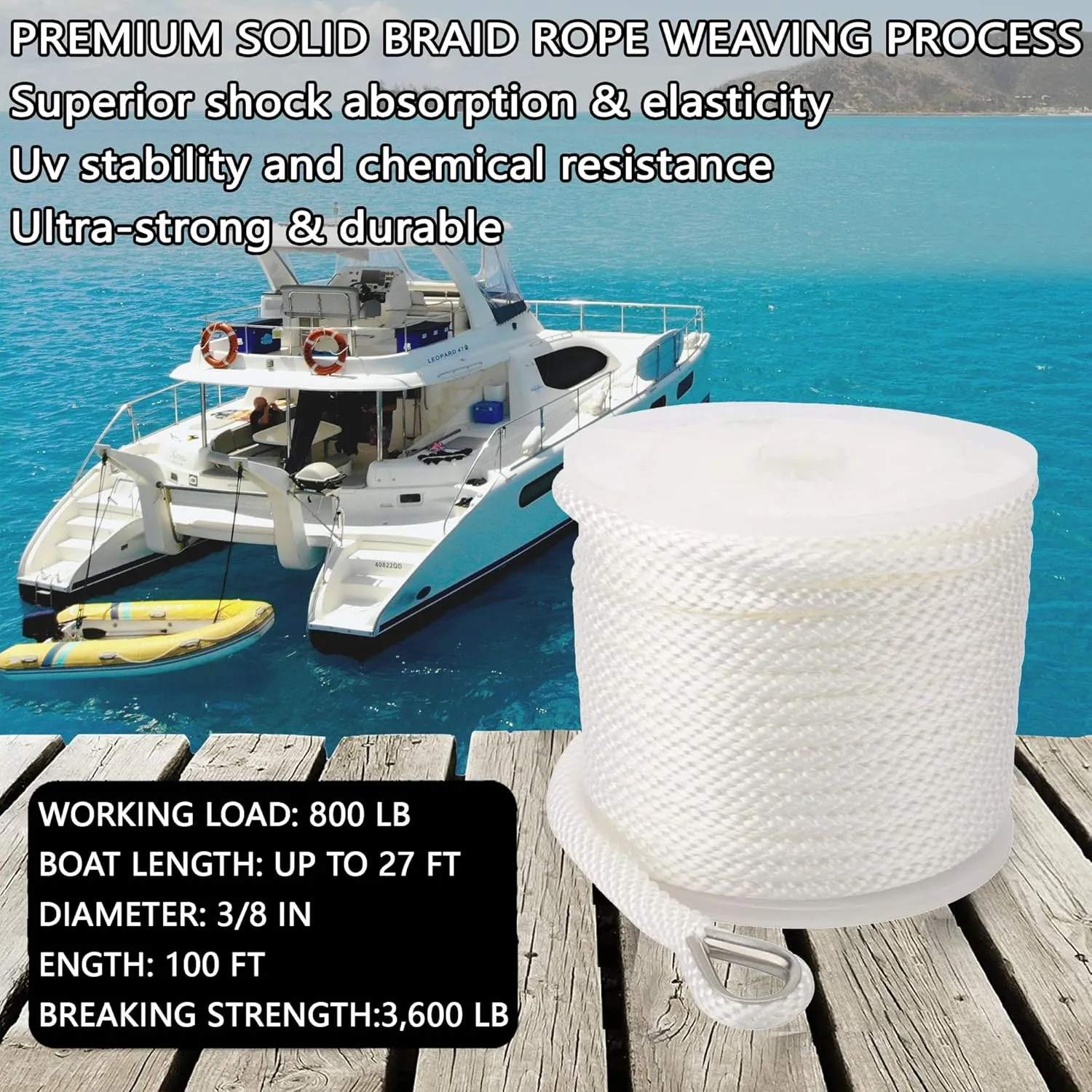 Boat Anchor Rope 3/8" x 100' Premium Solid Double Braided Nylon Anchor Line,with 1/4" x 4' Stainless Steel Anchor Chain,with Thimble & Shackle (White)