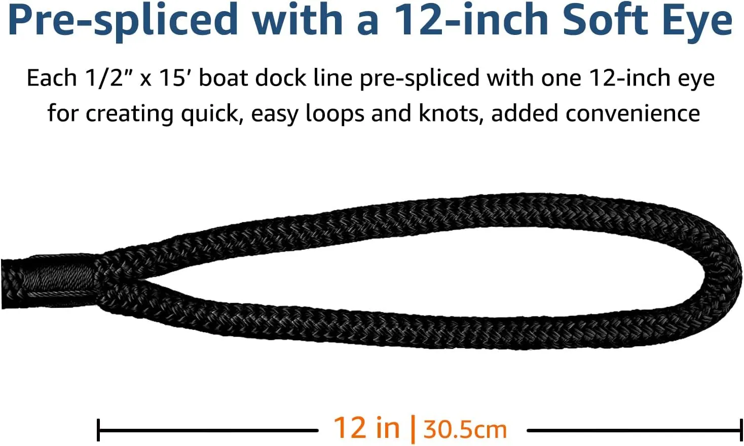 Boat Dock Lines 1/2" x 15' Double Braided Nylon Dock Line, Marine-Grade Dock Lines for Boats Pre-Spliced with a 12" Loop Boat Lines Dock Rope, Premium Marine Rope - Black, 4 Pack