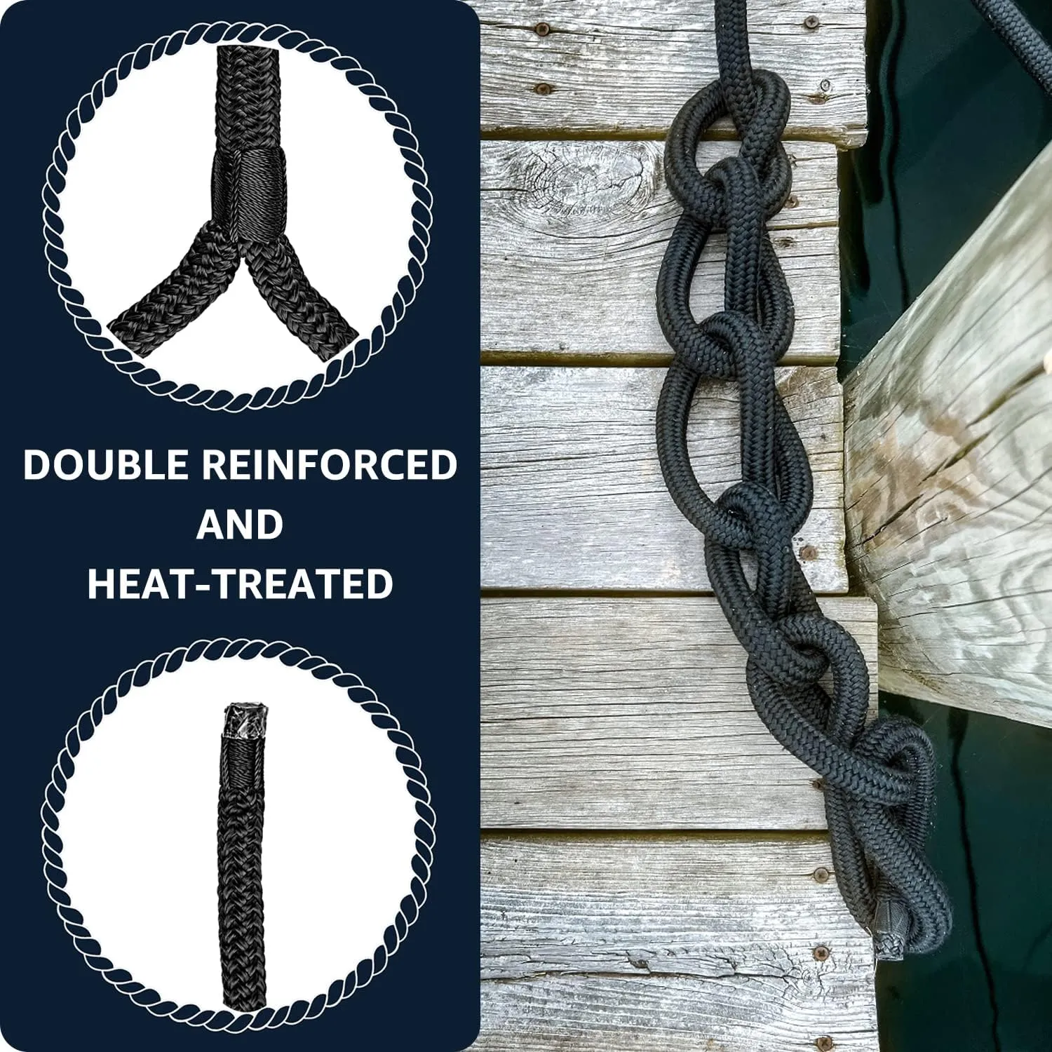 Boat Dock Lines 1/2" x 15' Double Braided Nylon Dock Line, Marine-Grade Dock Lines for Boats Pre-Spliced with a 12" Loop Boat Lines Dock Rope, Premium Marine Rope - Black, 4 Pack