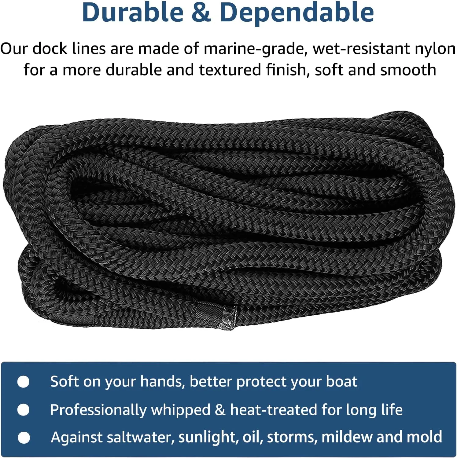 Boat Dock Lines 1/2" x 15' Double Braided Nylon Dock Line, Marine-Grade Dock Lines for Boats Pre-Spliced with a 12" Loop Boat Lines Dock Rope, Premium Marine Rope - Black, 4 Pack