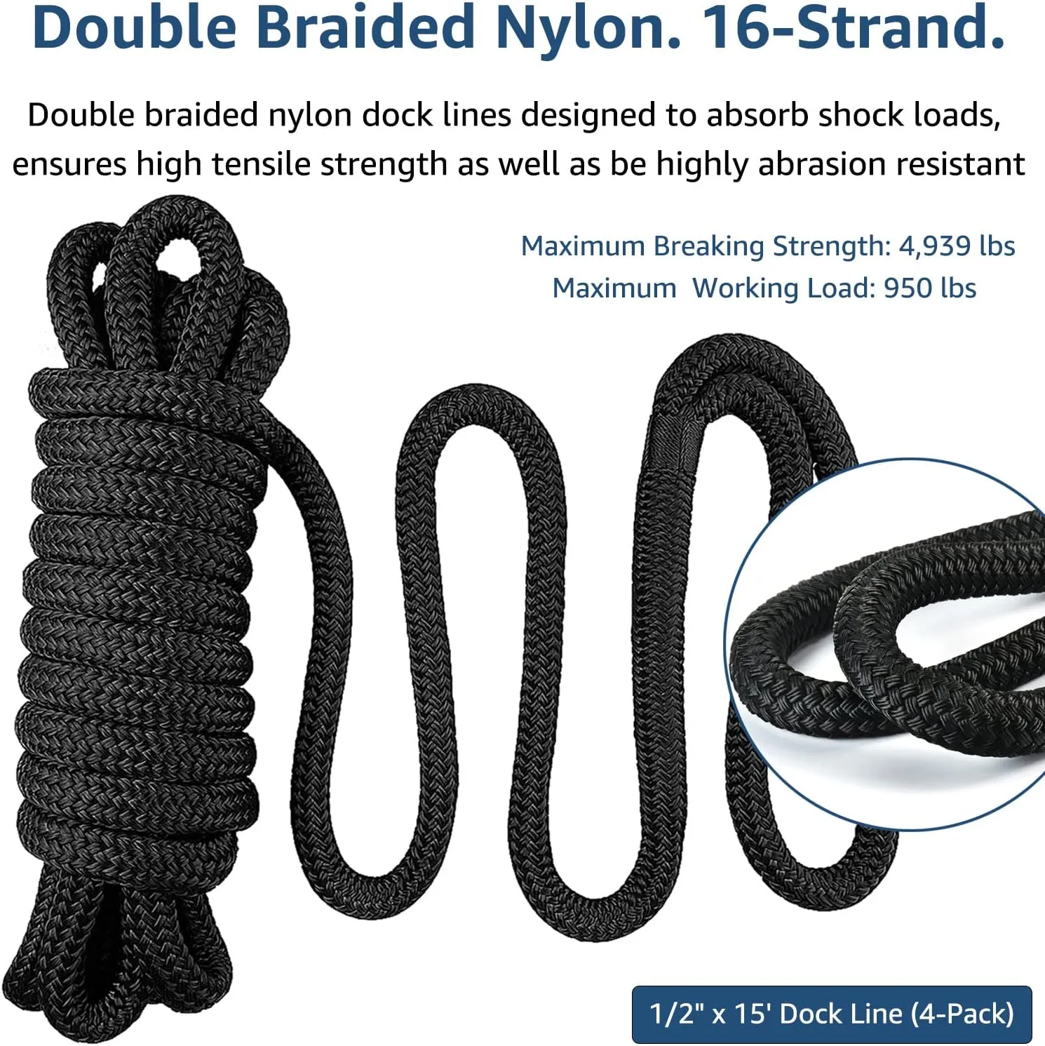 Boat Dock Lines 1/2" x 15' Double Braided Nylon Dock Line, Marine-Grade Dock Lines for Boats Pre-Spliced with a 12" Loop Boat Lines Dock Rope, Premium Marine Rope - Black, 4 Pack