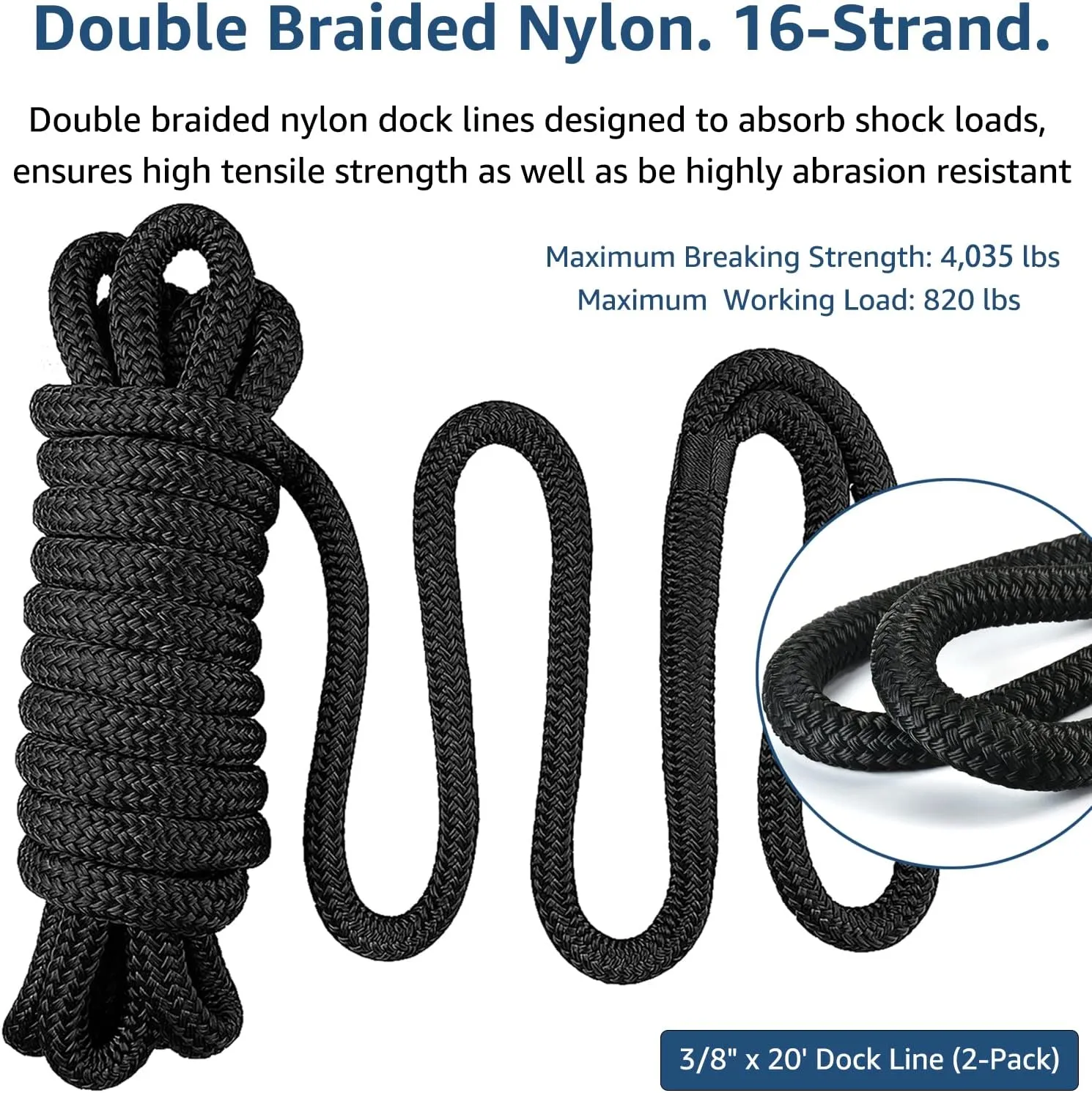 Boat Dock Lines: 3/8" x 20' Double Braided Nylon Dock Line, Marine-Grade with 12" Loop - Black, 2 Pack