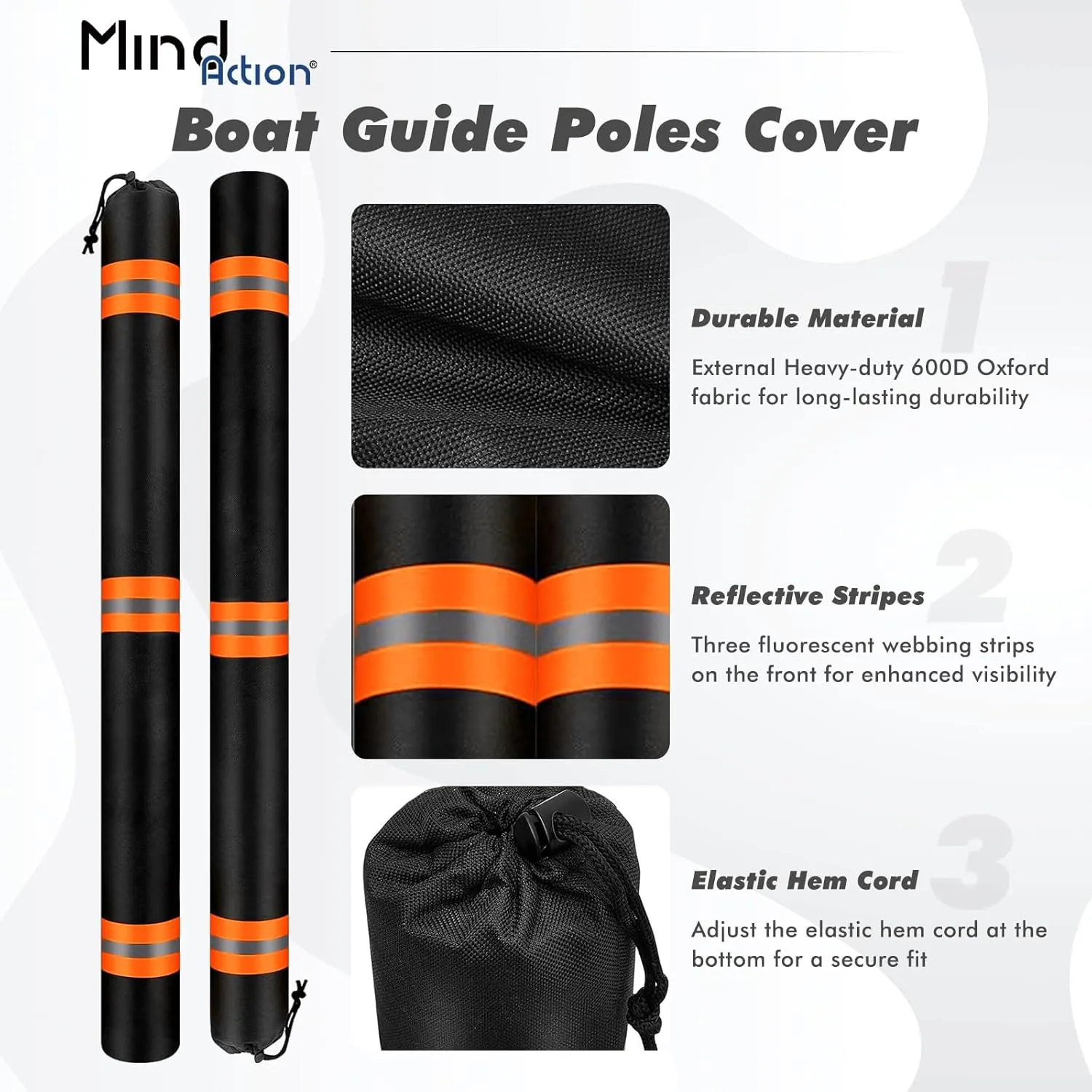 Boat Trailer Guide Pole Pad and Cover, Pair of Heavy Duty 600d Oxford Cloth Boat Guide Poles Cover with Reflective Strips
