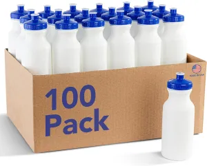 Bulk Water Bottles 100 Pack - 20 Ounce Reusable water bottles Bulk - BPA-Free Easy Open Spin off Cap - Plastic Bulk Water Bottles for Kids and Adults - Top-Rack - Dishwasher Safe - Sports Bottles