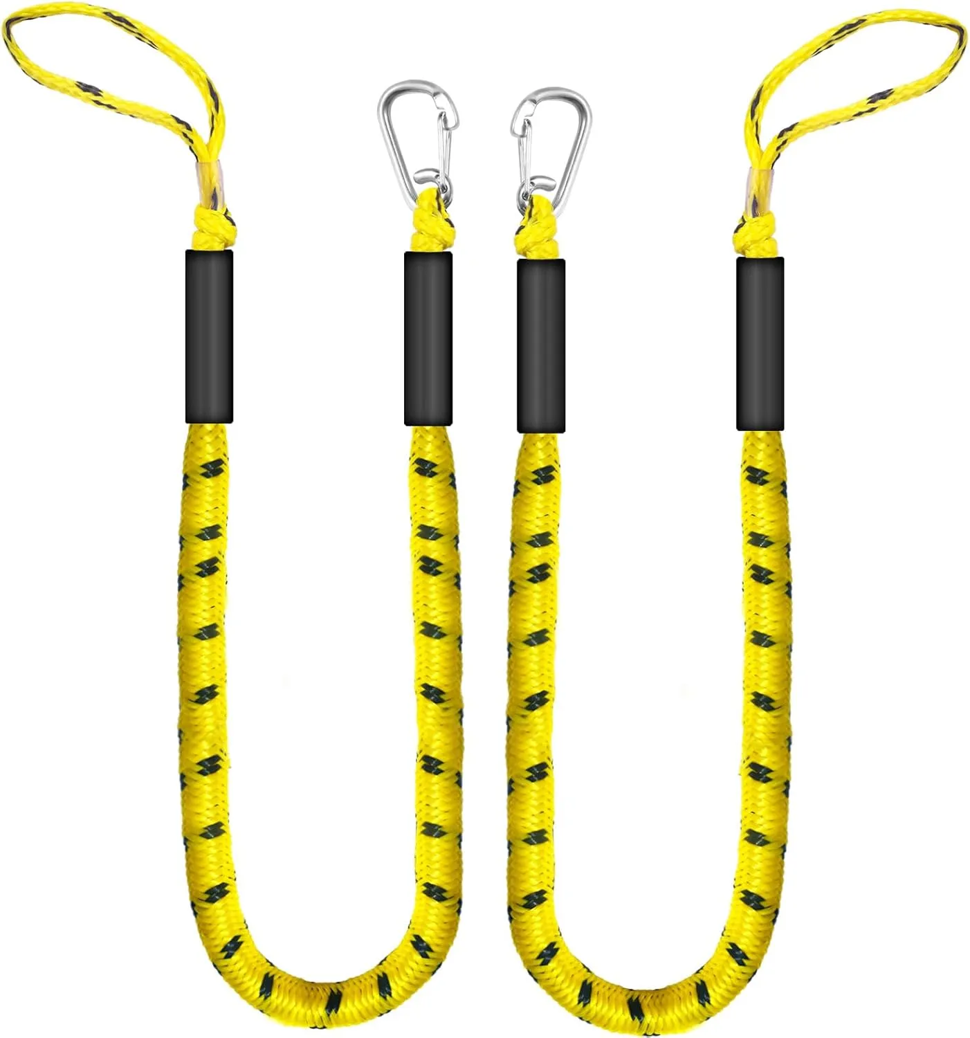 Bungee Dock Lines for Boats & Jet Skis - 6ft Heavy Duty Elastic Mooring Rope with Yellow/Black Dot Pattern - Stretches to 9ft - Single Hook Design for Quick Docking 2 Pack