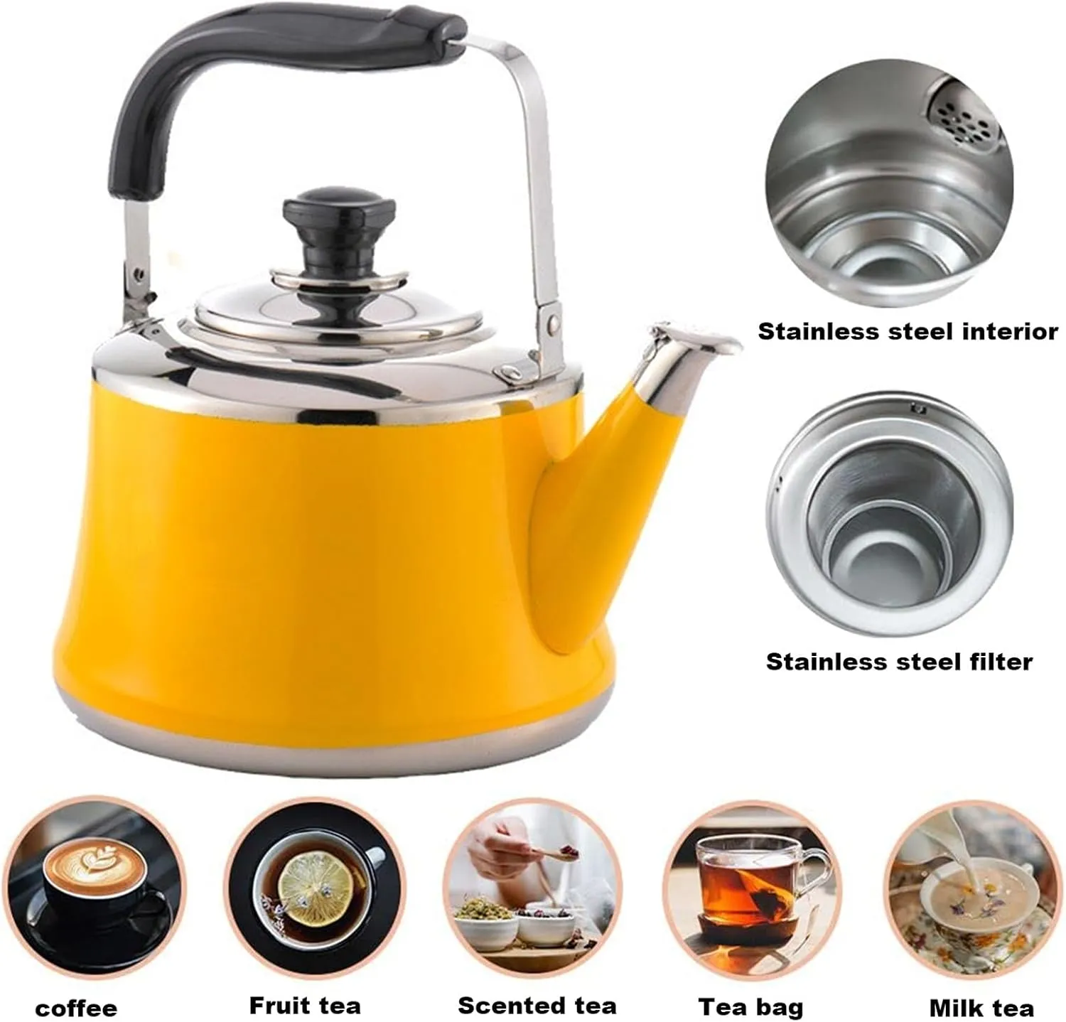 Camping Coffee & Tea Pot with infuser, 304 Stainless Steel Tea Kettle for Stove Top, with Heat-Resistant Handle