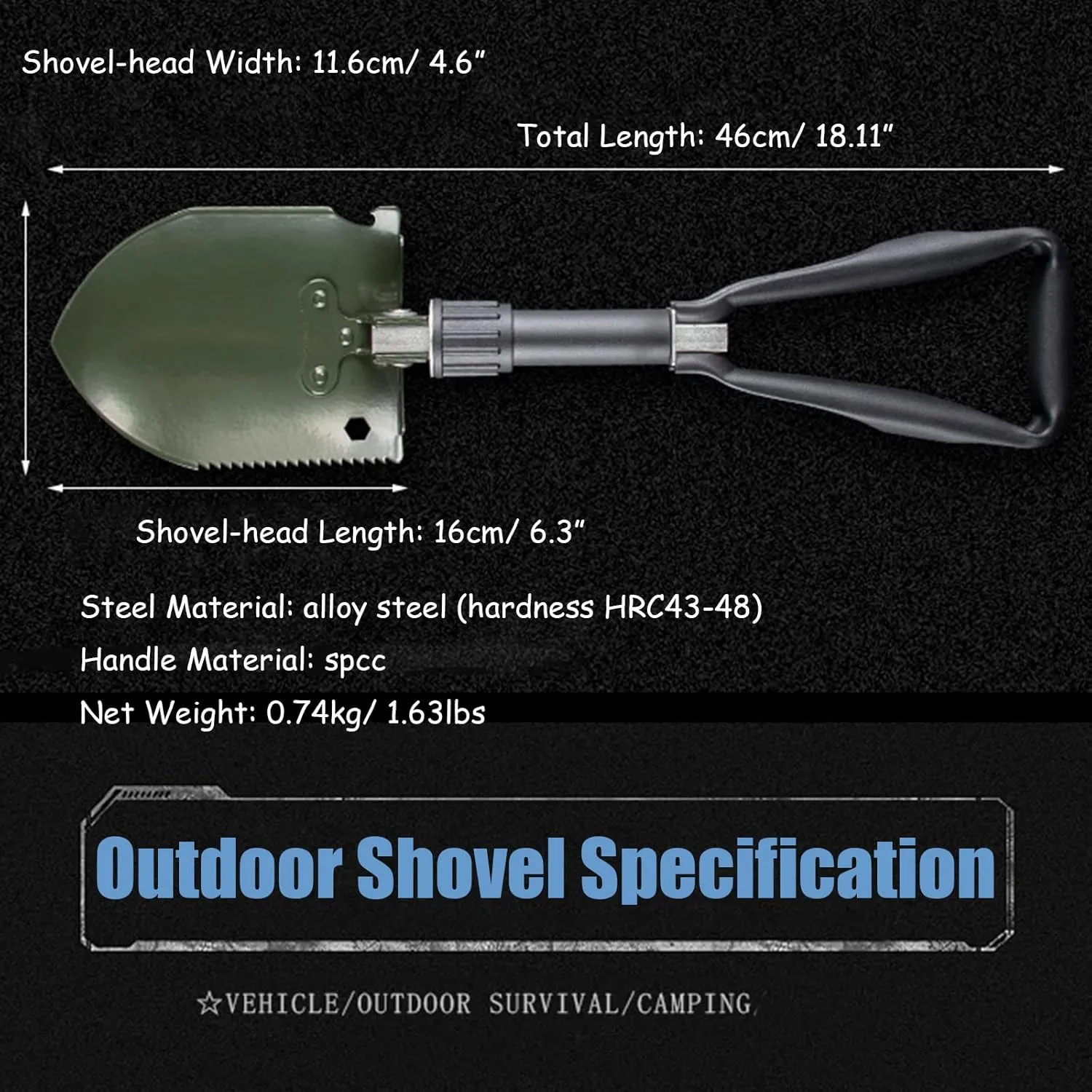 Camping Shovel Folding Spade Multifunction Backpacking Shovel Steel for Outdoor Camping Survival Garden (CL501-46cm)