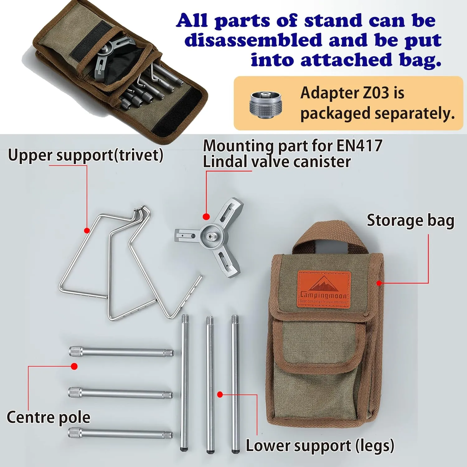 CAMPINGMOON Smart Backpacking Stove Stand with Upper Support Trivet Z01 (High stand with spacer adapter Z01 Z03)