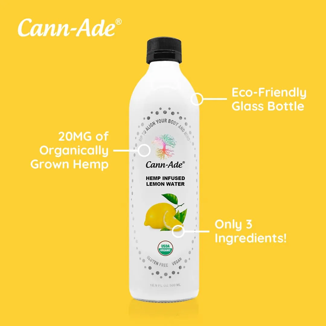 Cann-Ade® Flavored Zen Lemon, Infused Drinks - Gluten Free - Vegan - Adaptogenic & Healthiest Water to drink. Calm and Hydrate. Glass Bottled Water, 6 Eco-Friendly Glass Bottles - Lemon Adaptogen Drink Water - Cannade Calming Drink Beverage