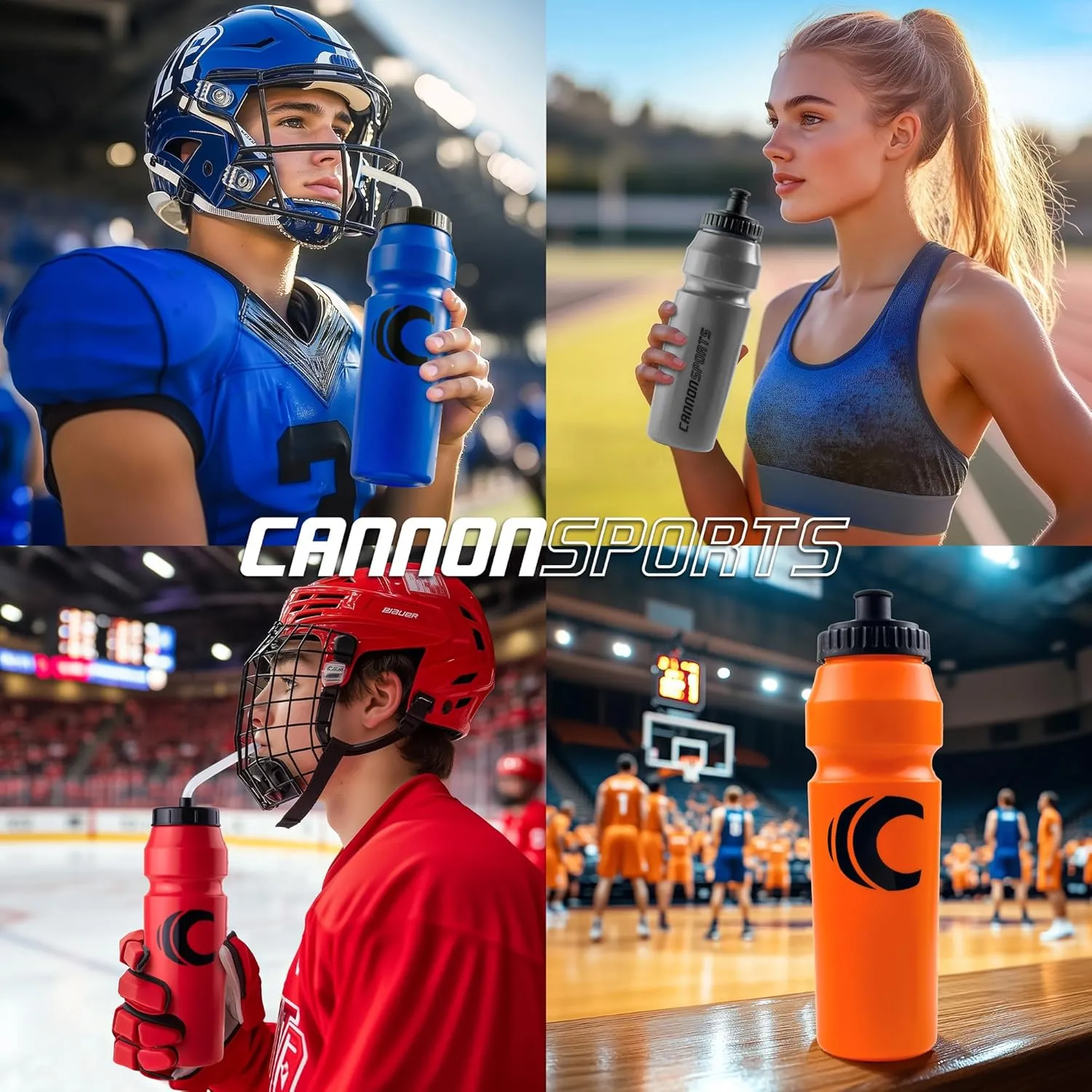 Cannon Sports 1 Liter Sports Water Bottle, BPA-Free, 34 Oz Capacity, Large Mouth, 2 lids (Straw and Squeeze), Great For Helmet Sports Such As Hockey, Lacrosse, Football, Boxing (6 Pack) (Clear)