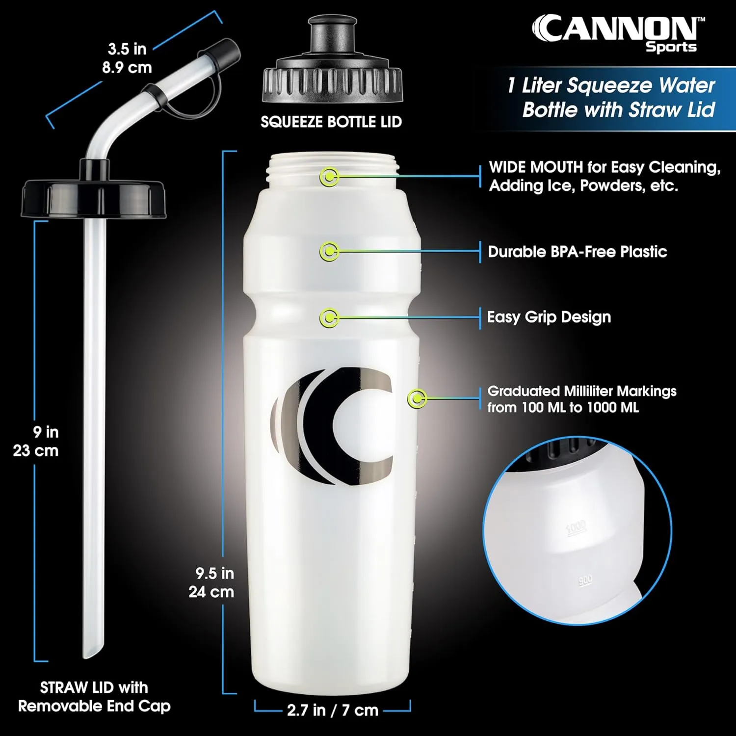 Cannon Sports 1 Liter Sports Water Bottle, BPA-Free, 34 Oz Capacity, Large Mouth, 2 lids (Straw and Squeeze), Great For Helmet Sports Such As Hockey, Lacrosse, Football, Boxing (6 Pack) (Clear)