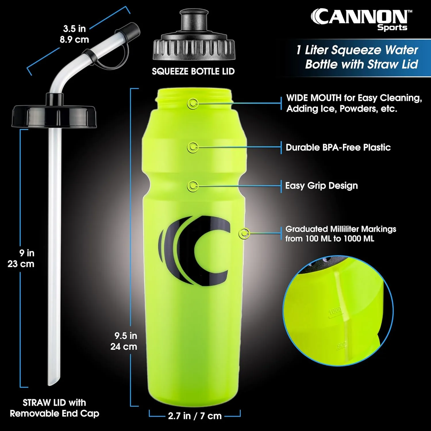Cannon Sports 1 Liter Sports Water Bottle, BPA-Free, 34oz Capacity, Large Mouth, 2 lids (Straw & Squeeze) with Carrier, Great For Helmet Sports Such As Hockey, Lacrosse, Football, Boxing (Lime Green)