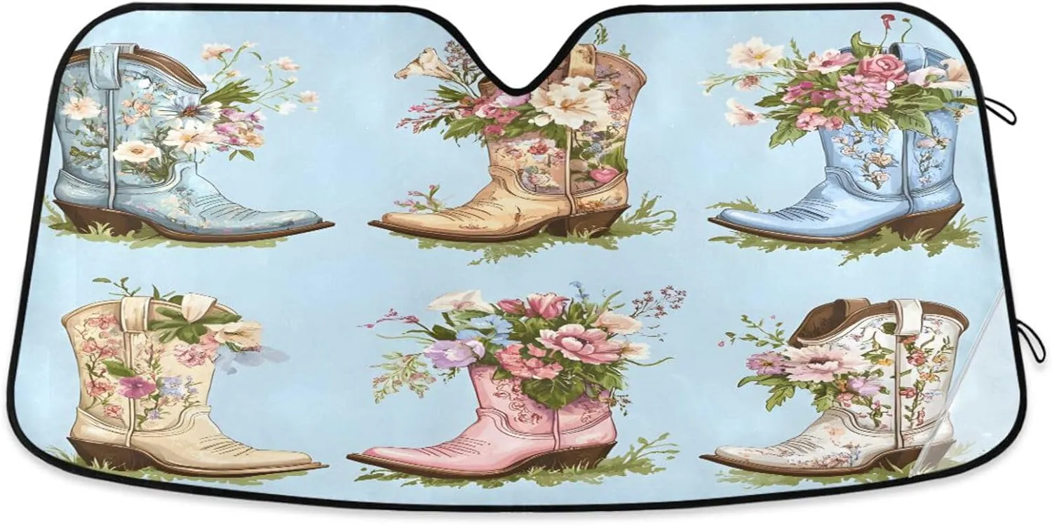 Car Windshield Sun Shade Cowboy Boots Flower Foldable Car Front Windshield Sunshade Blocks UV Rays Sun Visor Heat Protection for Truck SUV to Keep Your Vehicle Cool,Medium