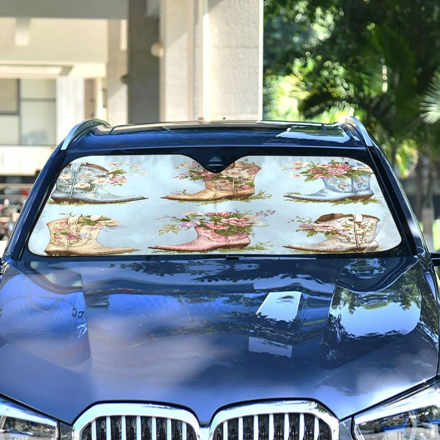 Car Windshield Sun Shade Cowboy Boots Flower Foldable Car Front Windshield Sunshade Blocks UV Rays Sun Visor Heat Protection for Truck SUV to Keep Your Vehicle Cool,Medium