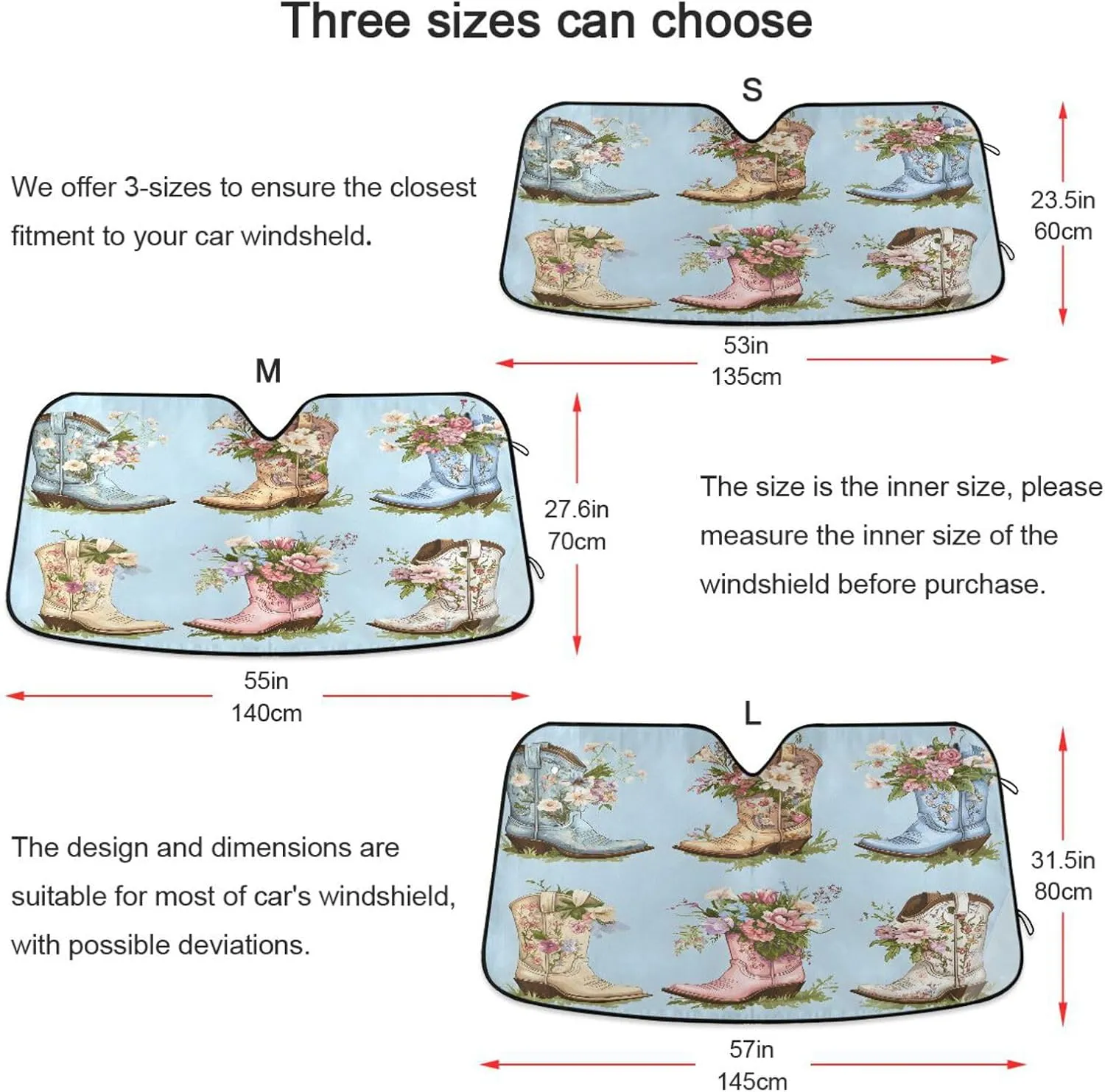 Car Windshield Sun Shade Cowboy Boots Flower Foldable Car Front Windshield Sunshade Blocks UV Rays Sun Visor Heat Protection for Truck SUV to Keep Your Vehicle Cool,Medium