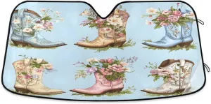Car Windshield Sun Shade Cowboy Boots Flower Foldable Car Front Windshield Sunshade Blocks UV Rays Sun Visor Heat Protection for Truck SUV to Keep Your Vehicle Cool,Medium