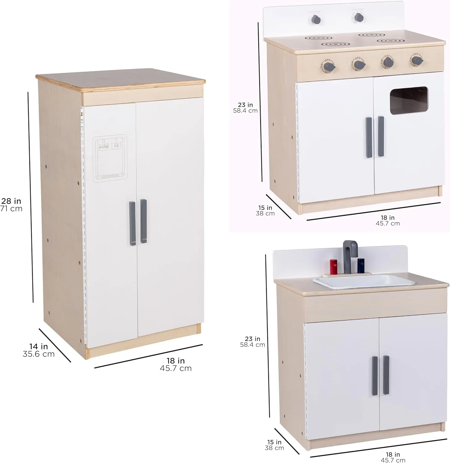 Children’s Factory Wooden 3-Piece Kitchen Set - Kids & Toddlers Pretend Fridge - Realistic Design & Feature - Pre-School Furniture for Classroom or Playroom - Assembly Required