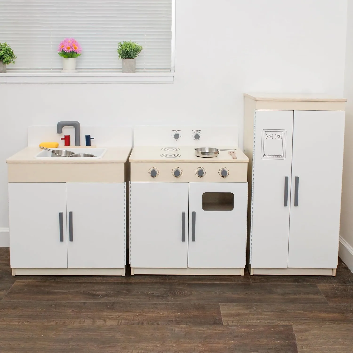 Children’s Factory Wooden 3-Piece Kitchen Set - Kids & Toddlers Pretend Fridge - Realistic Design & Feature - Pre-School Furniture for Classroom or Playroom - Assembly Required