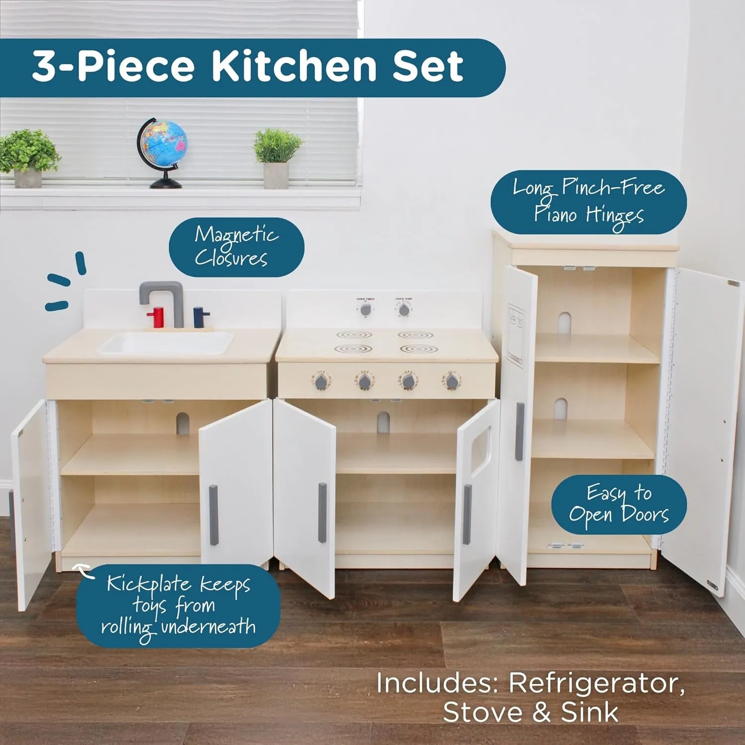 Children’s Factory Wooden 3-Piece Kitchen Set - Kids & Toddlers Pretend Fridge - Realistic Design & Feature - Pre-School Furniture for Classroom or Playroom - Assembly Required