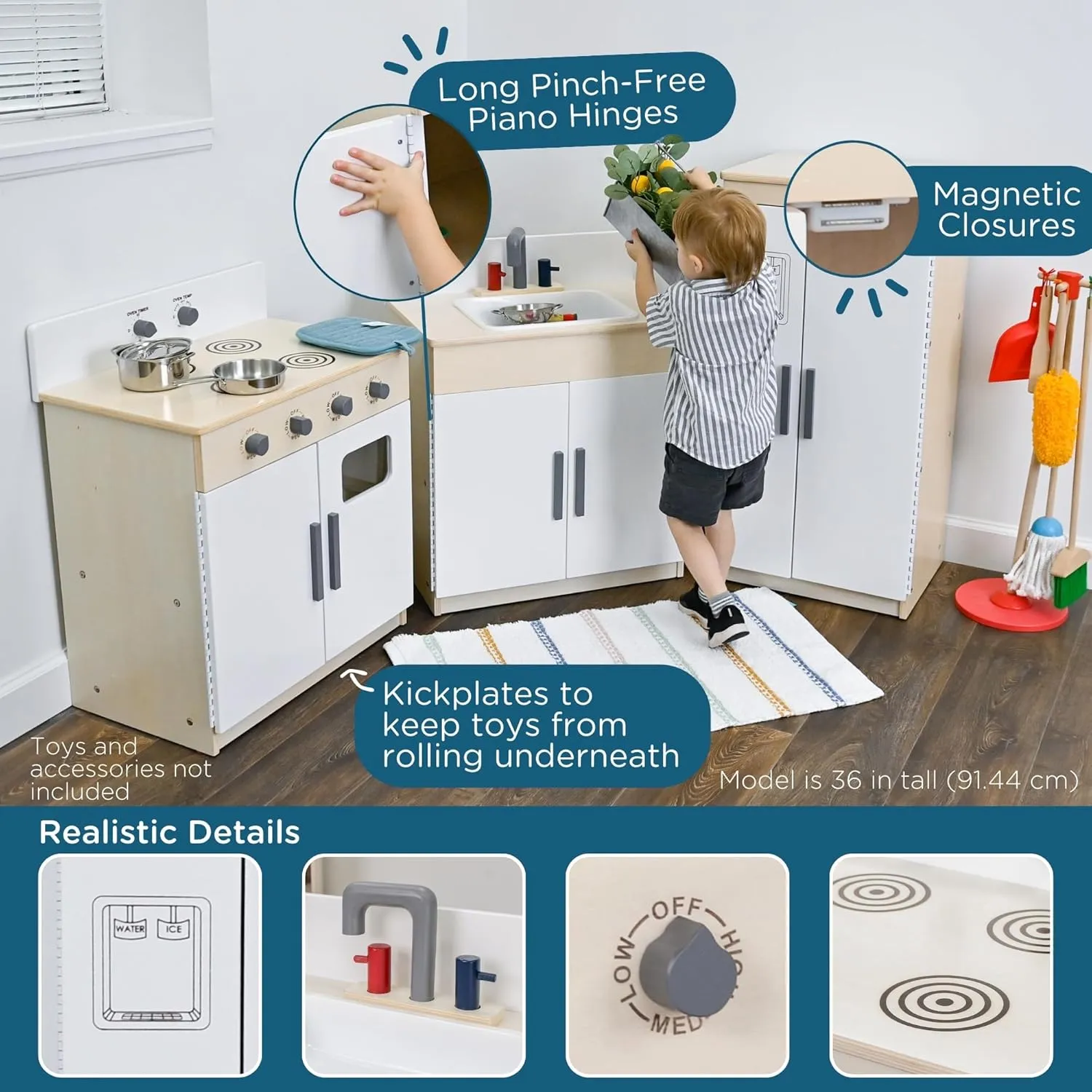 Children’s Factory Wooden 3-Piece Kitchen Set - Kids & Toddlers Pretend Fridge - Realistic Design & Feature - Pre-School Furniture for Classroom or Playroom - Assembly Required