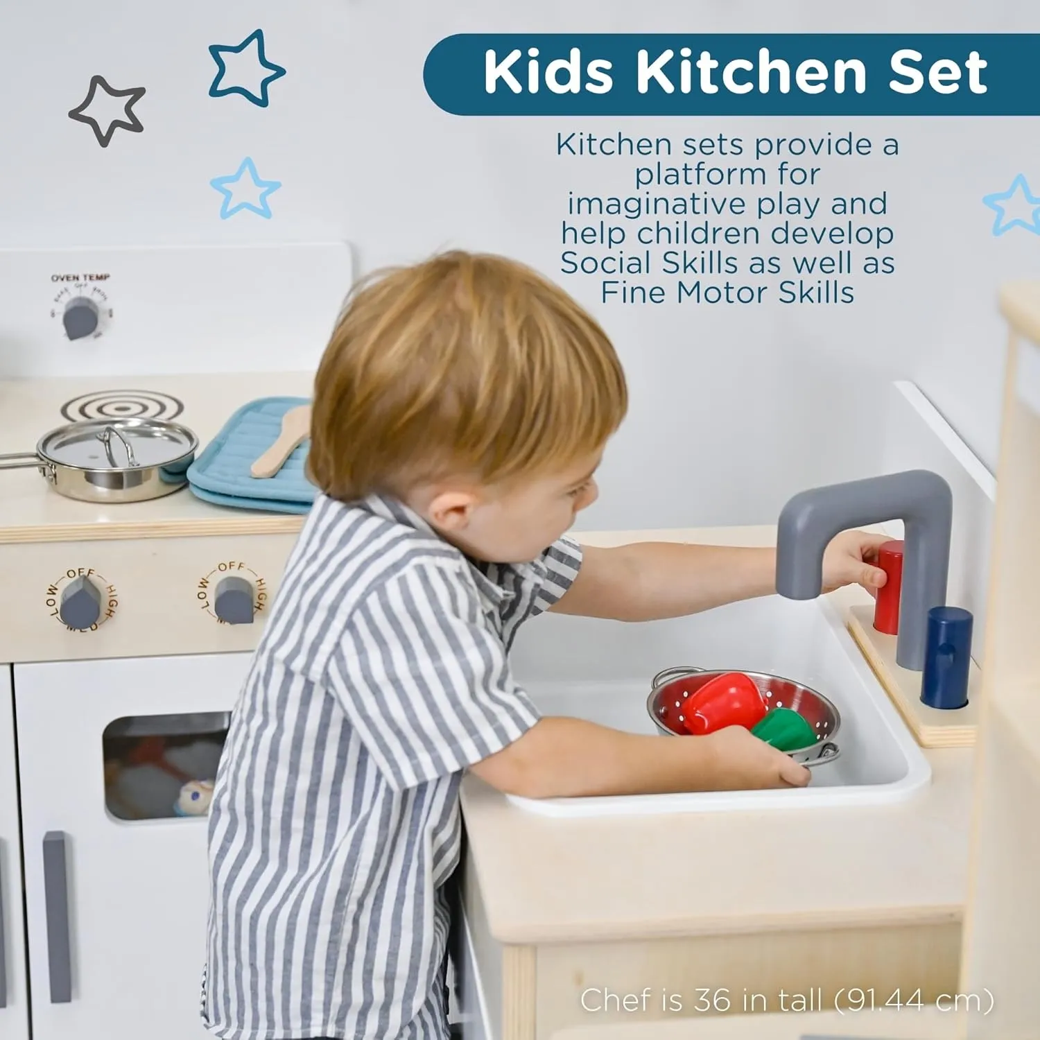 Children’s Factory Wooden 3-Piece Kitchen Set - Kids & Toddlers Pretend Fridge - Realistic Design & Feature - Pre-School Furniture for Classroom or Playroom - Assembly Required