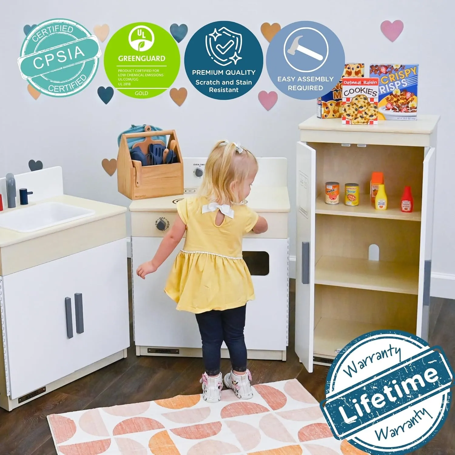 Children’s Factory Wooden 3-Piece Kitchen Set - Kids & Toddlers Pretend Fridge - Realistic Design & Feature - Pre-School Furniture for Classroom or Playroom - Assembly Required