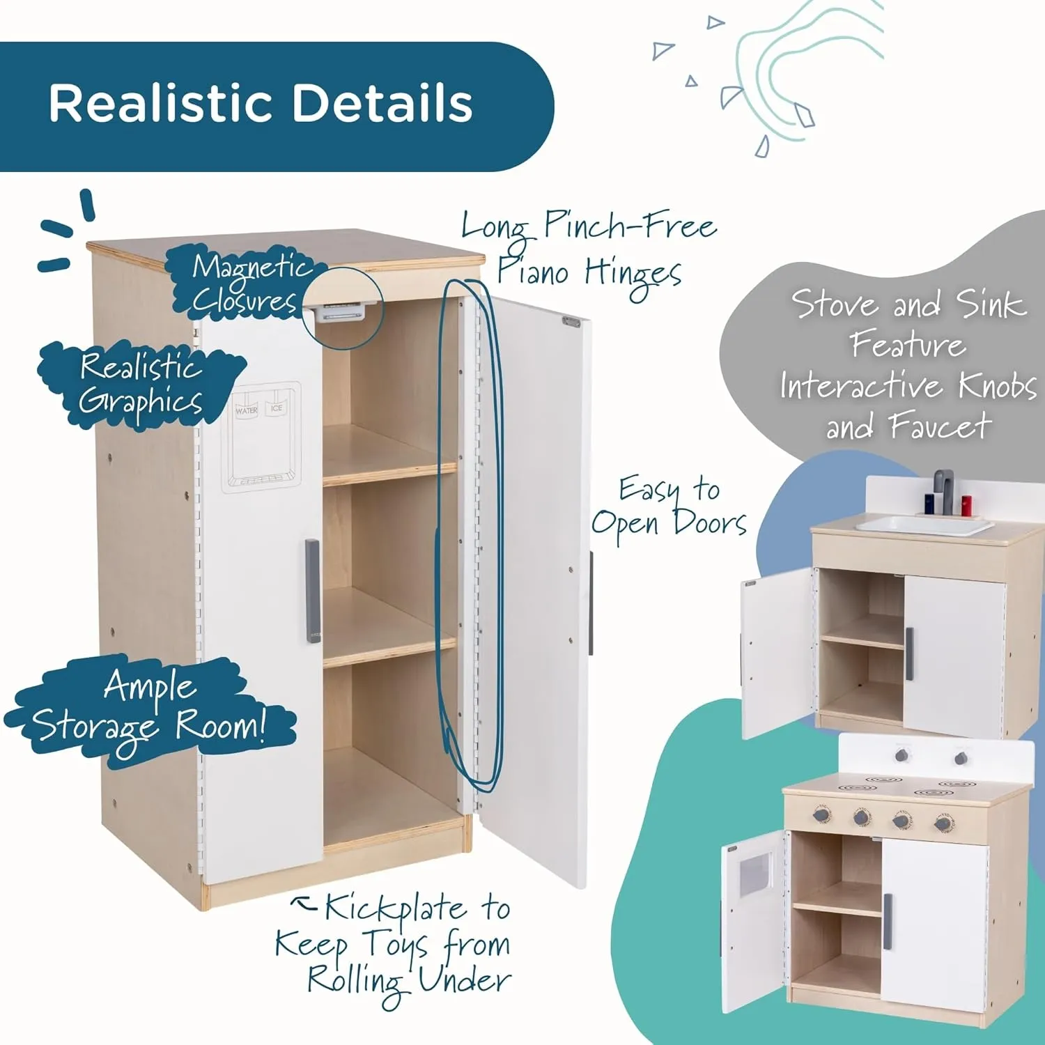 Children’s Factory Wooden 3-Piece Kitchen Set - Kids & Toddlers Pretend Fridge - Realistic Design & Feature - Pre-School Furniture for Classroom or Playroom - Assembly Required