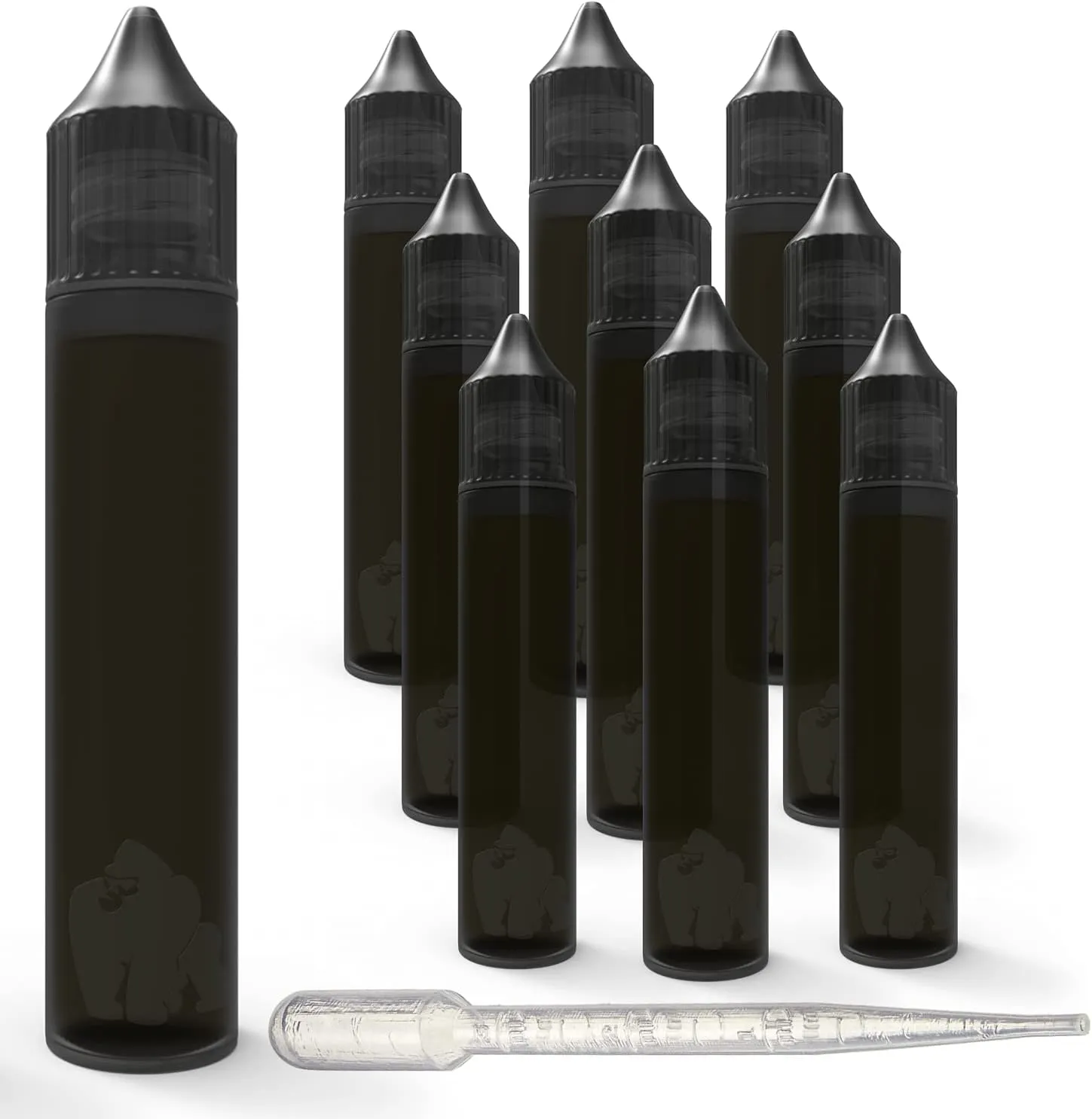Chubby Gorilla 30ml LDPE PET Plastic Unicorn Squeeze Dropper Bottle (10 Pack) - Transparent Black, Child Resistant Cap, Easy Drip Tip Applicator