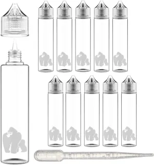 Chubby Gorilla LDPE PET Plastic Unicorn Squeeze Bottle 60ml (10 Pack) Dropper bottle (Transparent White Clear) REUSABLE, Child Resistant Cap, Easy Drip Tip Applicator Dropper Bottles