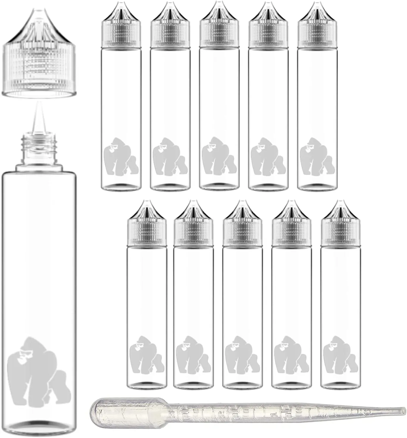 Chubby Gorilla LDPE PET Plastic Unicorn Squeeze Bottle 60ml (10 Pack) Dropper bottle (Transparent White Clear) REUSABLE, Child Resistant Cap, Easy Drip Tip Applicator Dropper Bottles