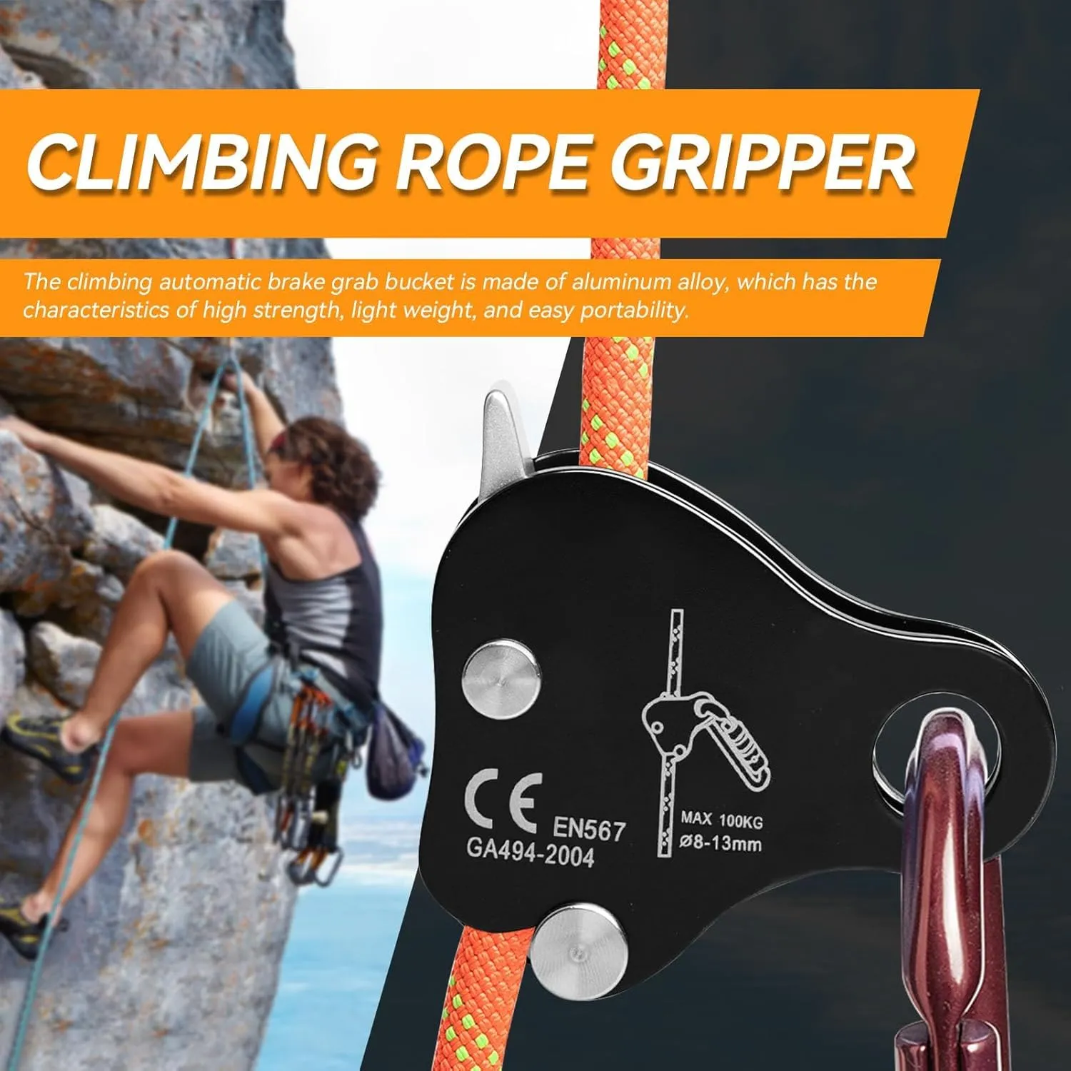Climbing Rope Grab, Self Locking Stop Descender 8‑13mm Climbing Rope Grab Stopper Rescue Rappel Ring Climbing Gear