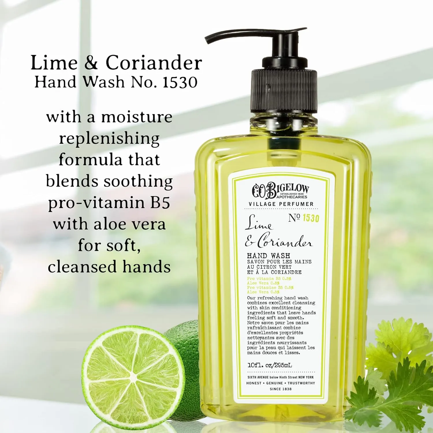 C.O. Bigelow Hand Wash Lime Coriander, Village Perfumer Moisturizing Soap Wash for Bathroom & Kitchen with Aloe Vera and Pro-Vitamin B5, 10 fl oz