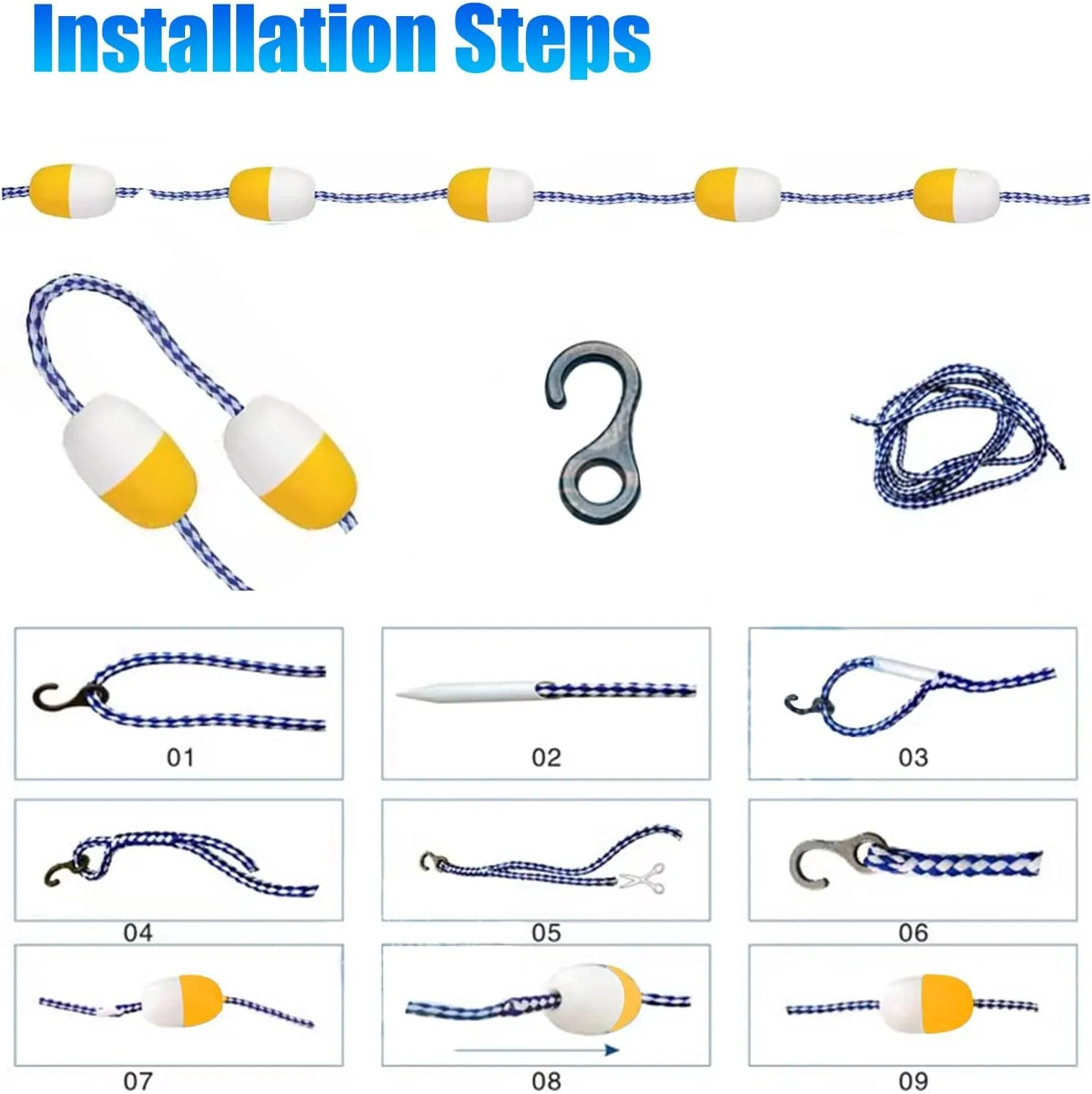 Commercial Pool Divider Rope with Hook, Anti - Wave Floating Lane Dividing Line for School/Hotel/Villas/Water Park, 200 190 160 150 100 80 60 50 30 20 10 Feet Deep Water Warning Cord(5 ft)