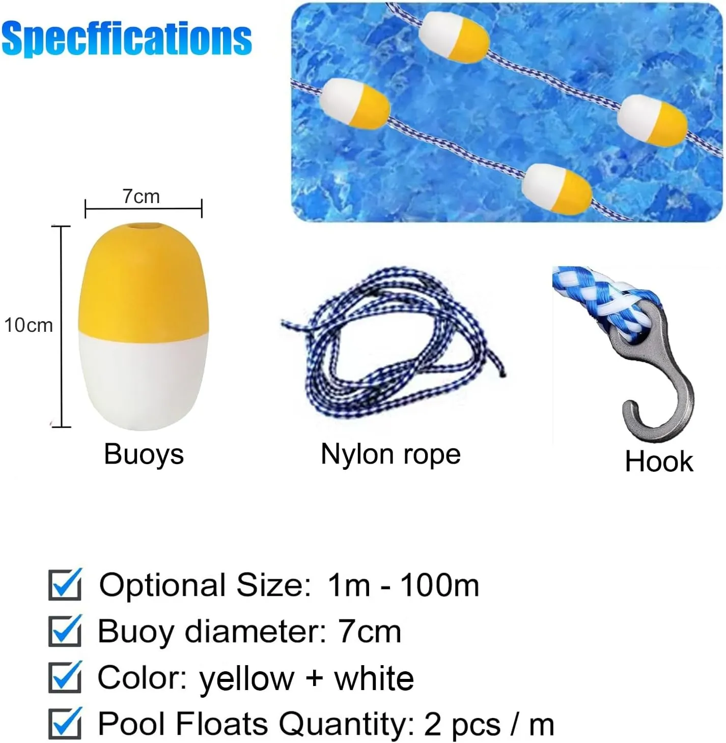 Commercial Pool Divider Rope with Hook, Anti - Wave Floating Lane Dividing Line for School/Hotel/Villas/Water Park, 200 190 160 150 100 80 60 50 30 20 10 Feet Deep Water Warning Cord(5 ft)