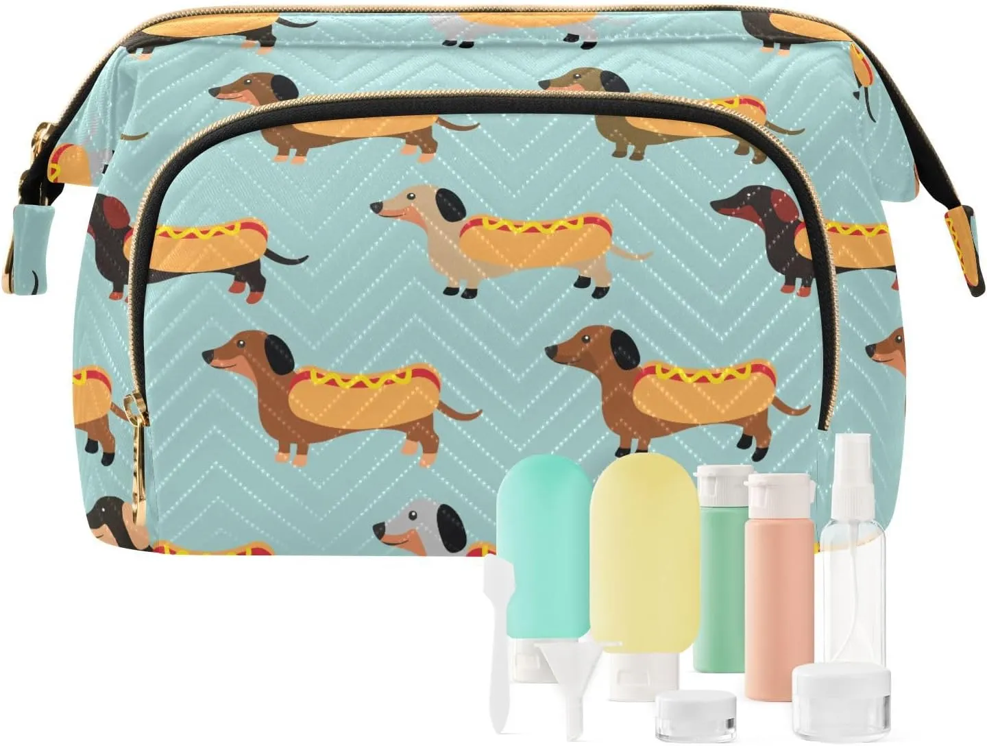 Cosmetic Bag Dachshund Hot Dog Fun Blue Makeup Bag TSA Approved Toiletry Bottle Set Travel Pouch Skin Care Routine Container Organizer Short Trip Weekender Zipper Handbag