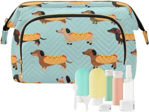 Cosmetic Bag Dachshund Hot Dog Fun Blue Makeup Bag TSA Approved Toiletry Bottle Set Travel Pouch Skin Care Routine Container Organizer Short Trip Weekender Zipper Handbag