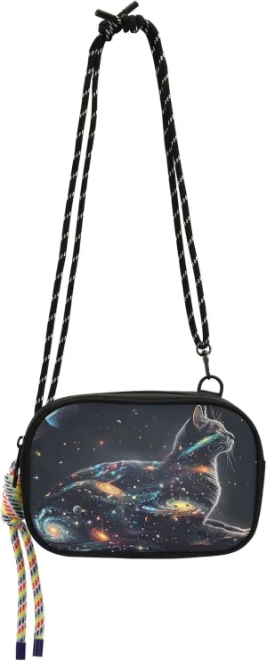 Crossbody Bag Outline Of Cat Filled with Space Stars Galaxies and Planets Phone Purse Small Handbag