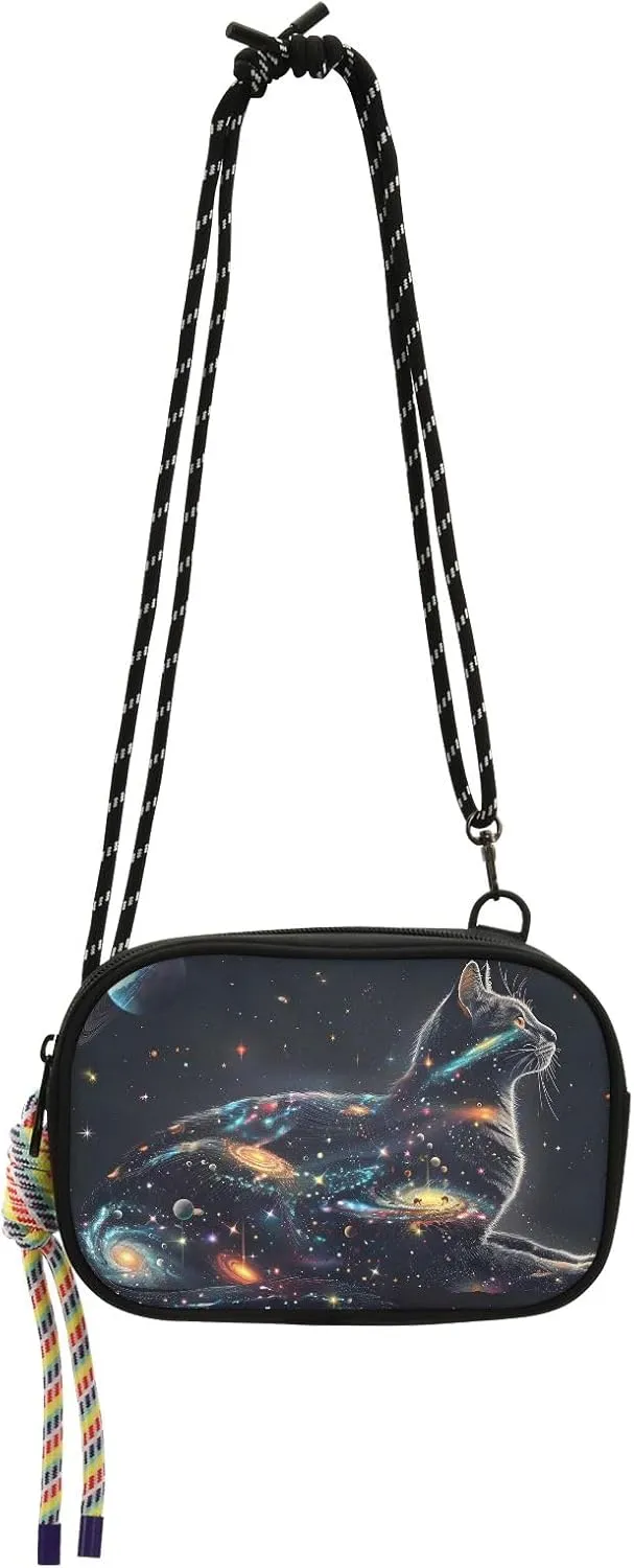 Crossbody Bag Outline Of Cat Filled with Space Stars Galaxies and Planets Phone Purse Small Handbag