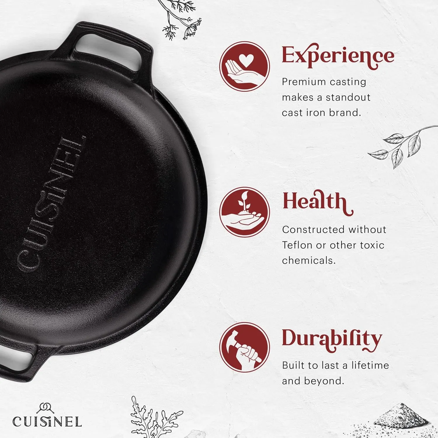 Cuisinel 7-Quart Cast Iron Dutch Oven   Pan Scraper   Silicone Handle Grips - 2-in-1 Pot Pan Combo Skillet - Pre-Seasoned Indoor/Outdoor Cookware   Instruction & Care Booklet
