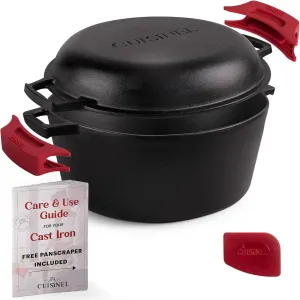 Cuisinel 7-Quart Cast Iron Dutch Oven   Pan Scraper   Silicone Handle Grips - 2-in-1 Pot Pan Combo Skillet - Pre-Seasoned Indoor/Outdoor Cookware   Instruction & Care Booklet