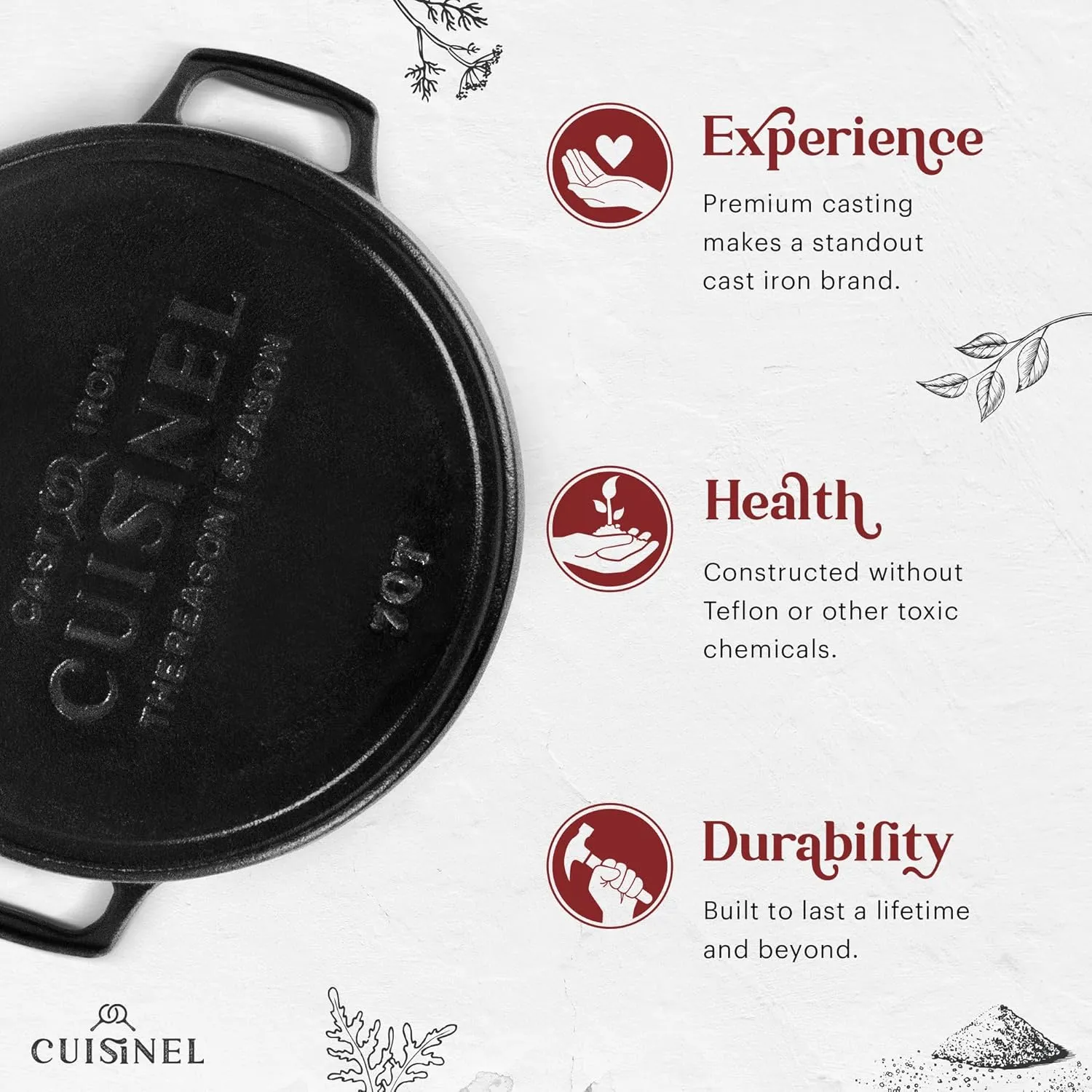 Cuisinel 7-Quart Cast Iron Dutch Oven   Pan Scraper   Silicone Handle Grips - 2-in-1 Pot Pan Combo Skillet - Pre-Seasoned Indoor/Outdoor Cookware   Instruction & Care Booklet