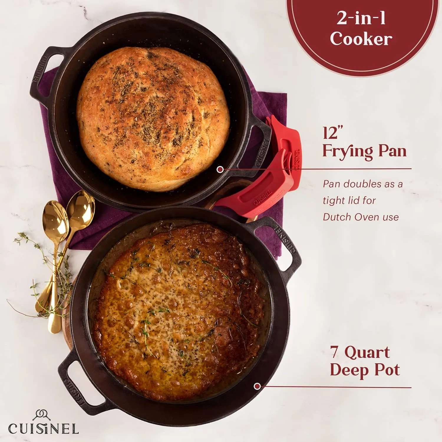 Cuisinel 7-Quart Cast Iron Dutch Oven   Pan Scraper   Silicone Handle Grips - 2-in-1 Pot Pan Combo Skillet - Pre-Seasoned Indoor/Outdoor Cookware   Instruction & Care Booklet