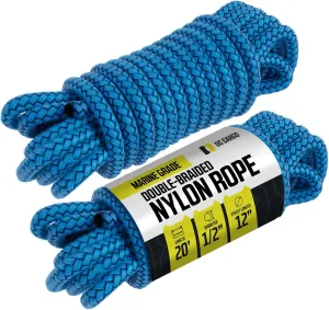 DC Cargo Mall Boat Dock Lines (2 Pack) 1/2 X 20' Double Braided Boat Ropes for Docking with 12" Eyelet. Marine Grade Nylon Material & Damage Resistant Line Fibers for Secure Docking